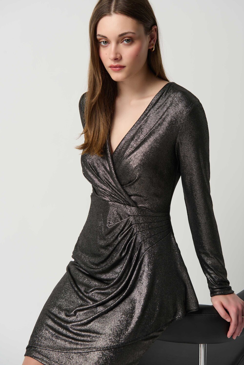 Metallic Wrap Front Dress Style 234124. Pewter