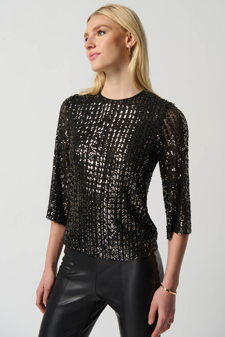 Sequin 3/4 Sleeve Top Style 234176. Black/gold. 2