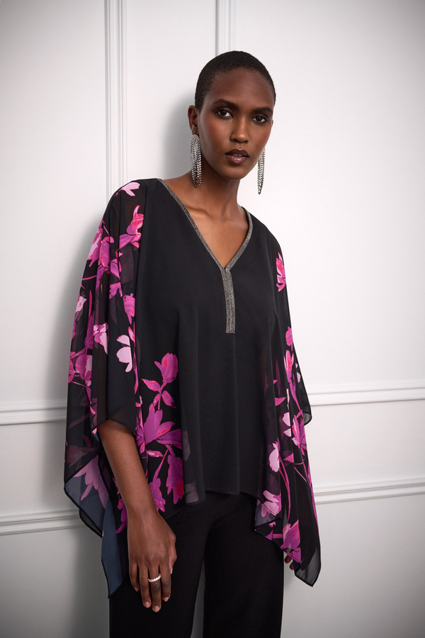 Floral Cape Sleeve Top Style 234199. Black/pink