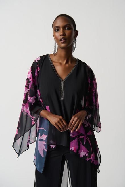 Floral Cape Sleeve Top Style 234199. Black/pink. 2