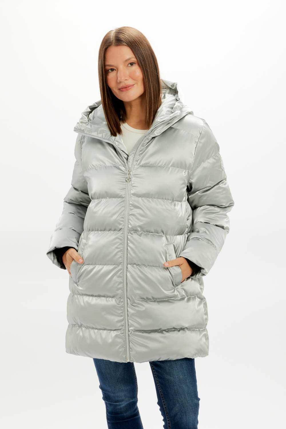 Shiny Puffer Coat Style 73810. Silver