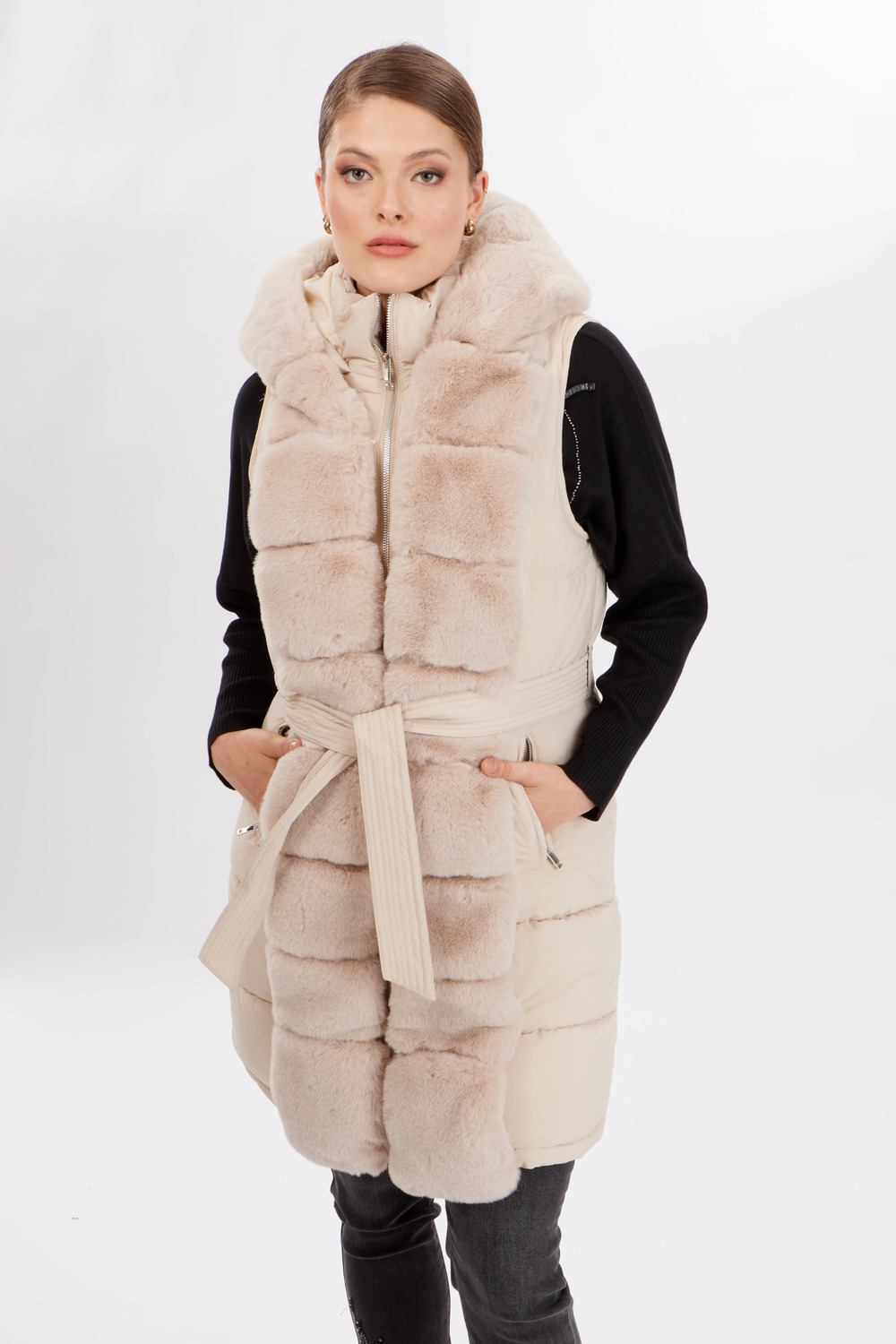 Quilted Sleeveless Vest Style 234131U. Beige