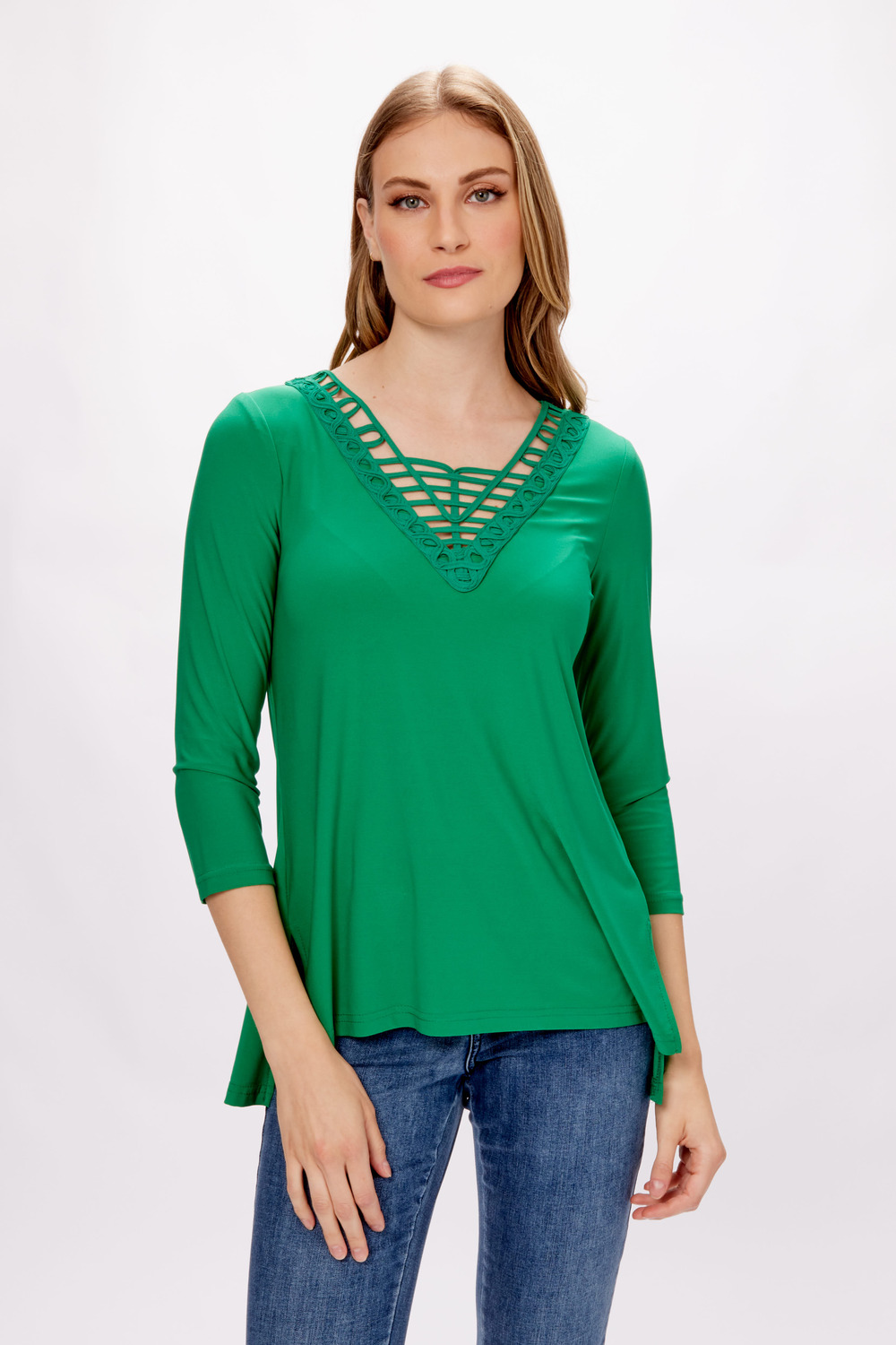 Lace-Up Detail Neckline Top Style 233124. Kelly Green