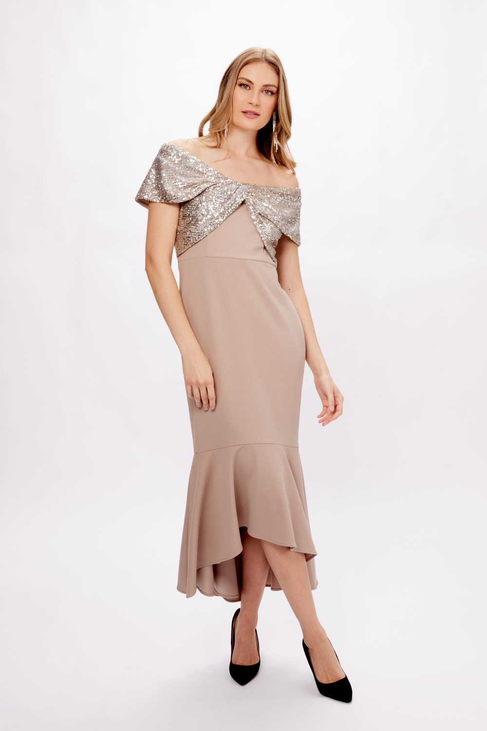 Off-Shoulder High Low Dress Style 233731. Latte/silver