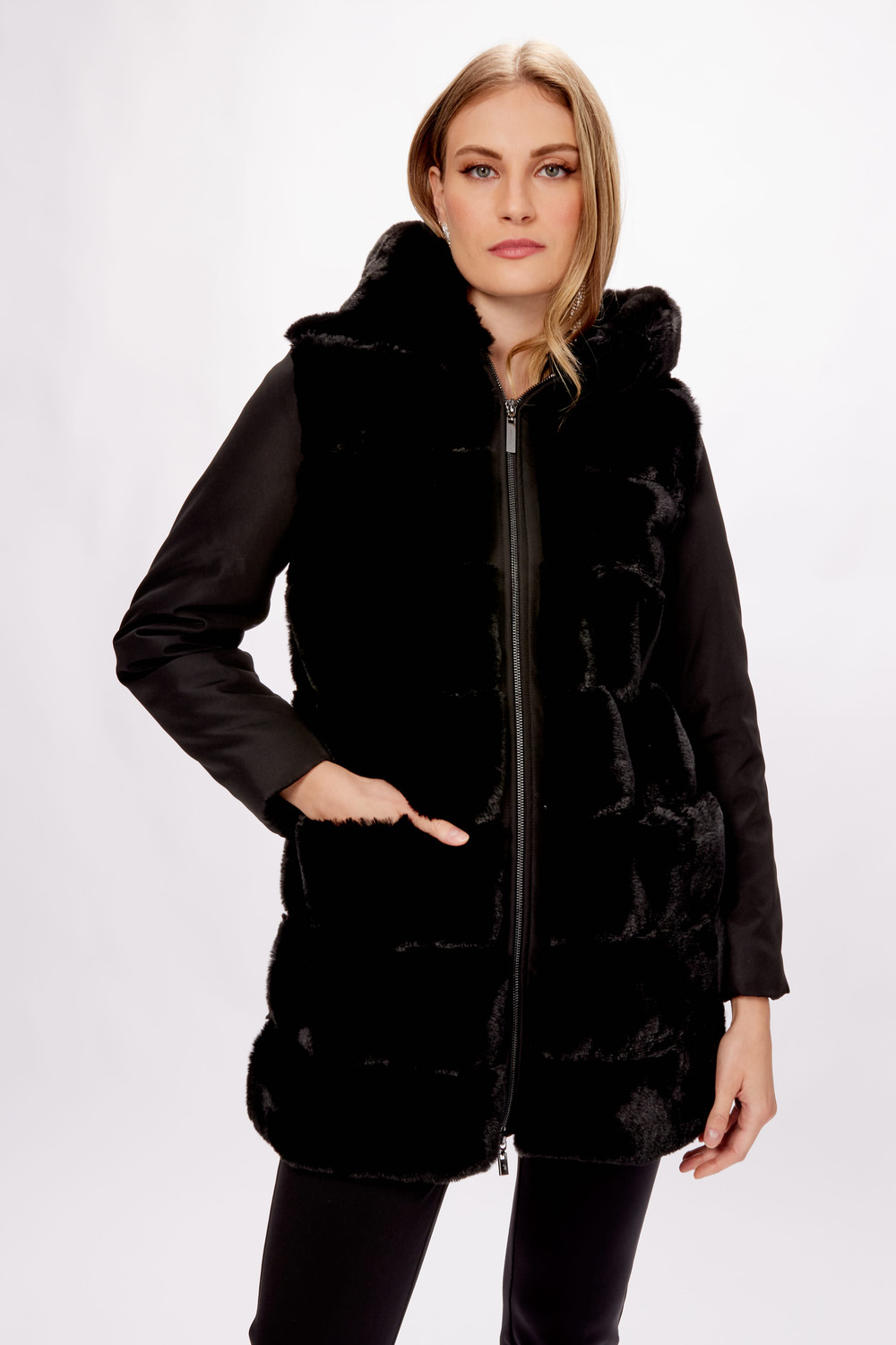 Faux Fur Zip-Up Coat Style 233925. Black