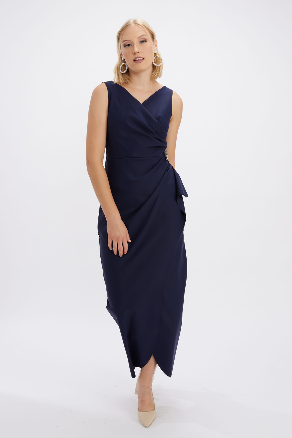 Wrap Front Beaded Gown Style 134200. Navy