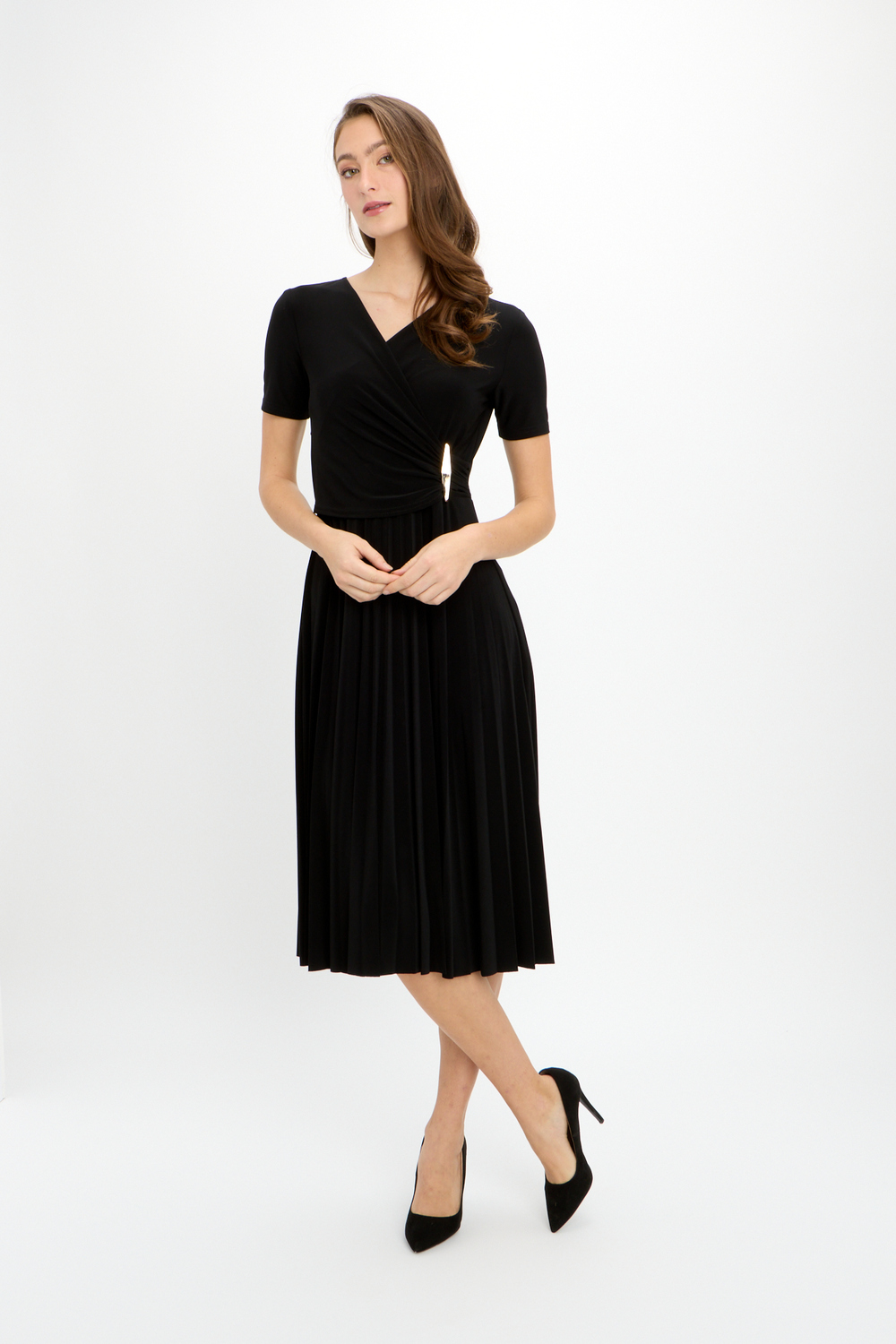 Wrap Front Pleated Dress Style 241013. Black