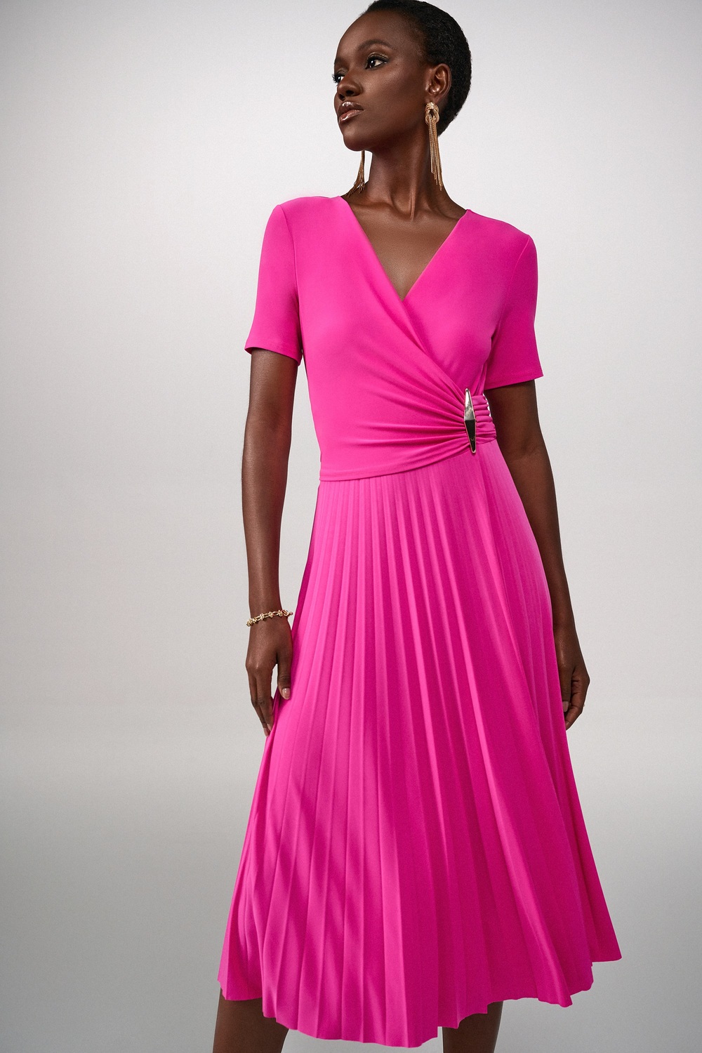 Wrap Front Pleated Dress Style 241013. Ultra Pink