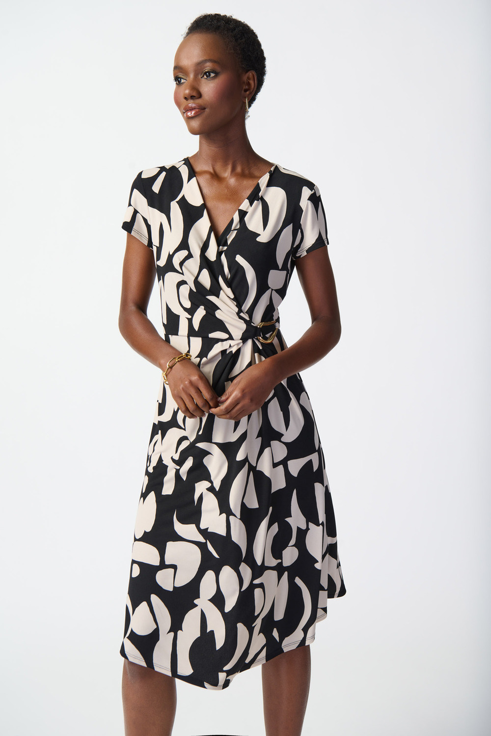 Geometric Wrap Front Dress Style 241029. Black/moonstone