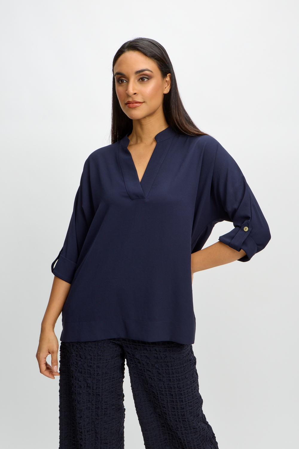 Wide Collar Popover Blouse Style 241039. Midnight Blue