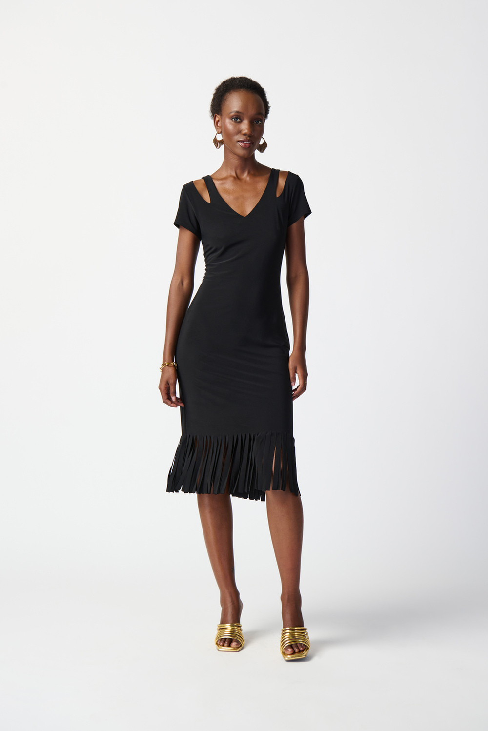 Fringe Detail Slit Dress Style 241053. Black