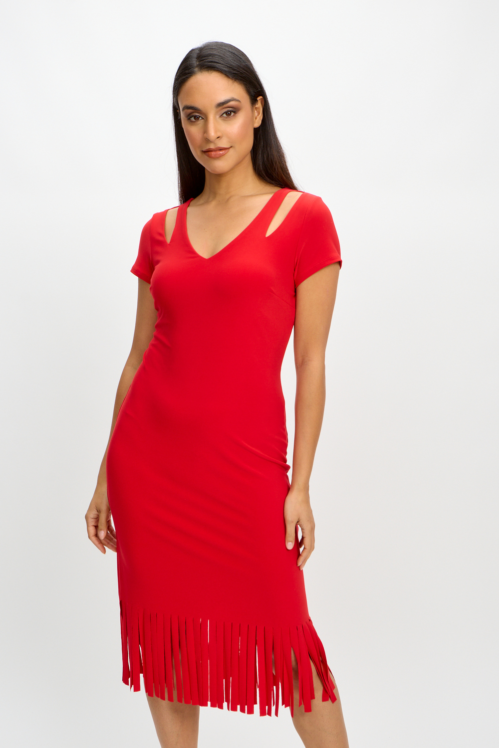 Fringe Detail Slit Dress Style 241053. Radiant Red