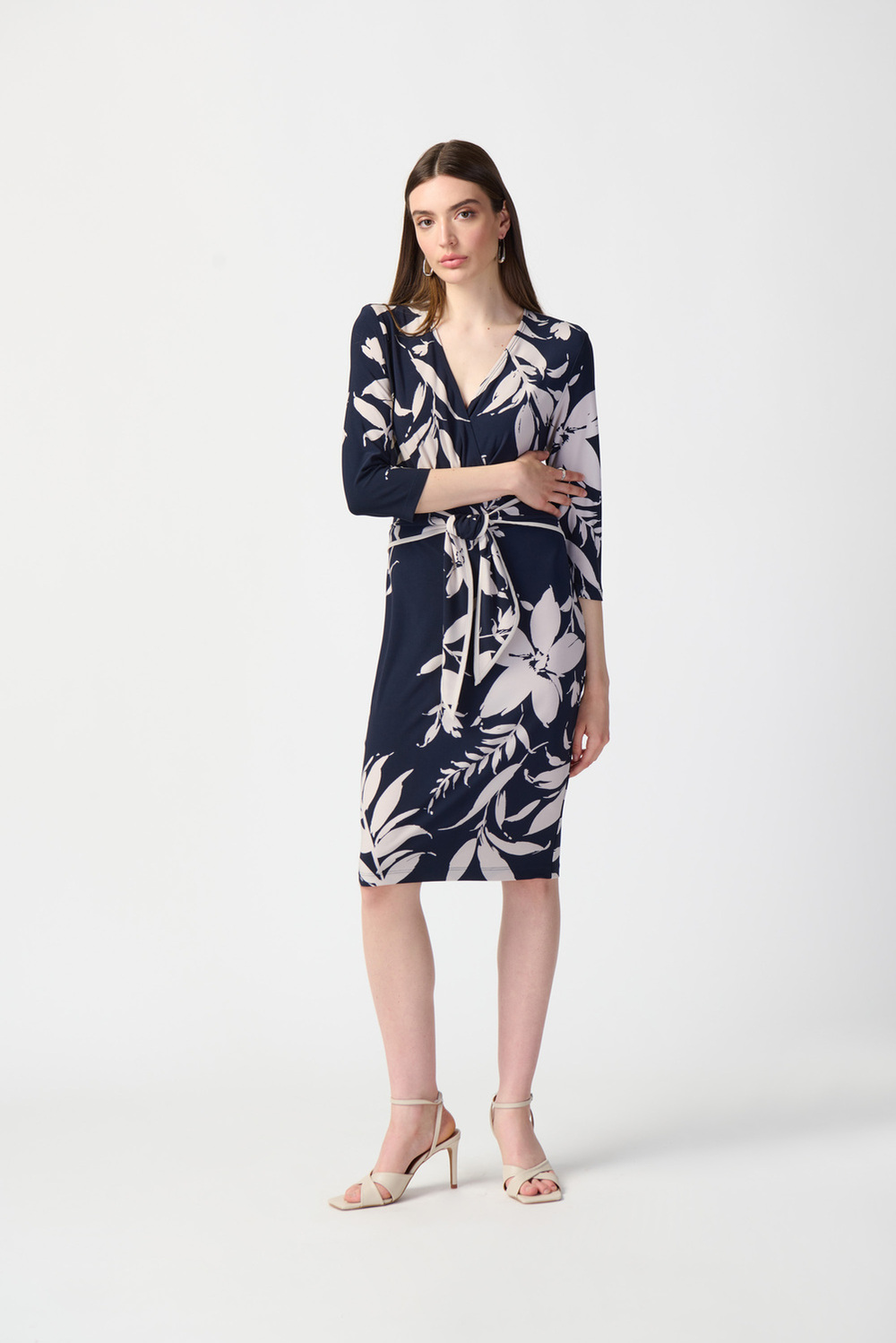 Floral Print Wrap Dress Style 241056. Midnight Blue/beige