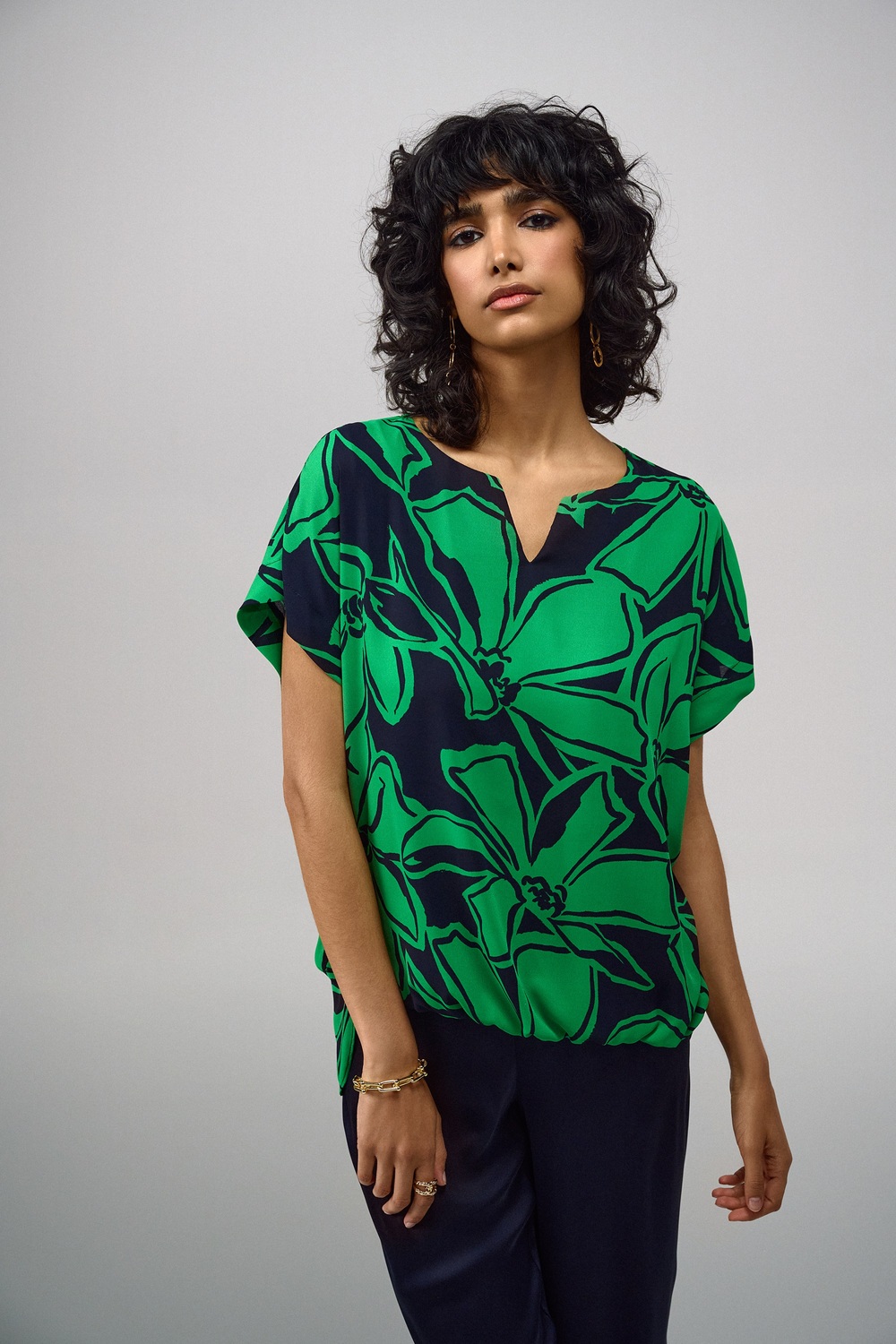 Split Neck Floral Top Style 241059. Midnight Blue/green