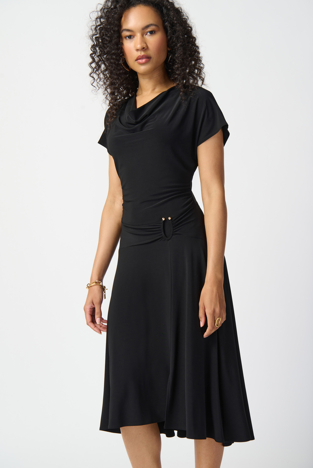 Pleated Short Sleeve Dress Style 241152. Black