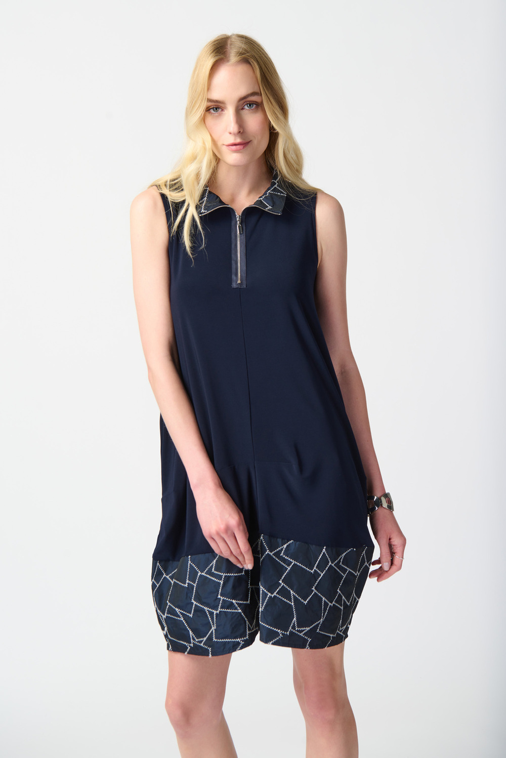 Dual Fabric Square Motif Dress Style 241157. Midnight Blue/white