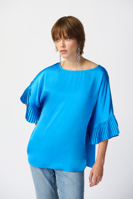 Pleated Sleeve Satin Top Style 241182. French Blue. 4
