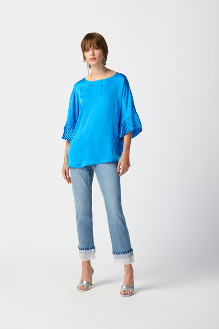 Pleated Sleeve Satin Top Style 241182. French Blue. 3