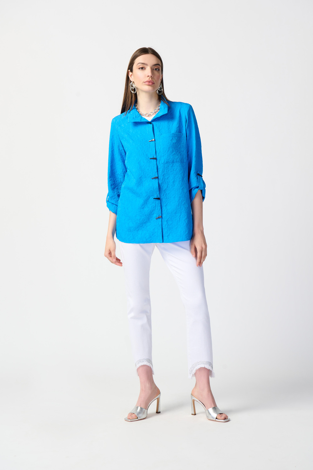 Pleated Longline Blouse Style 241183. French Blue