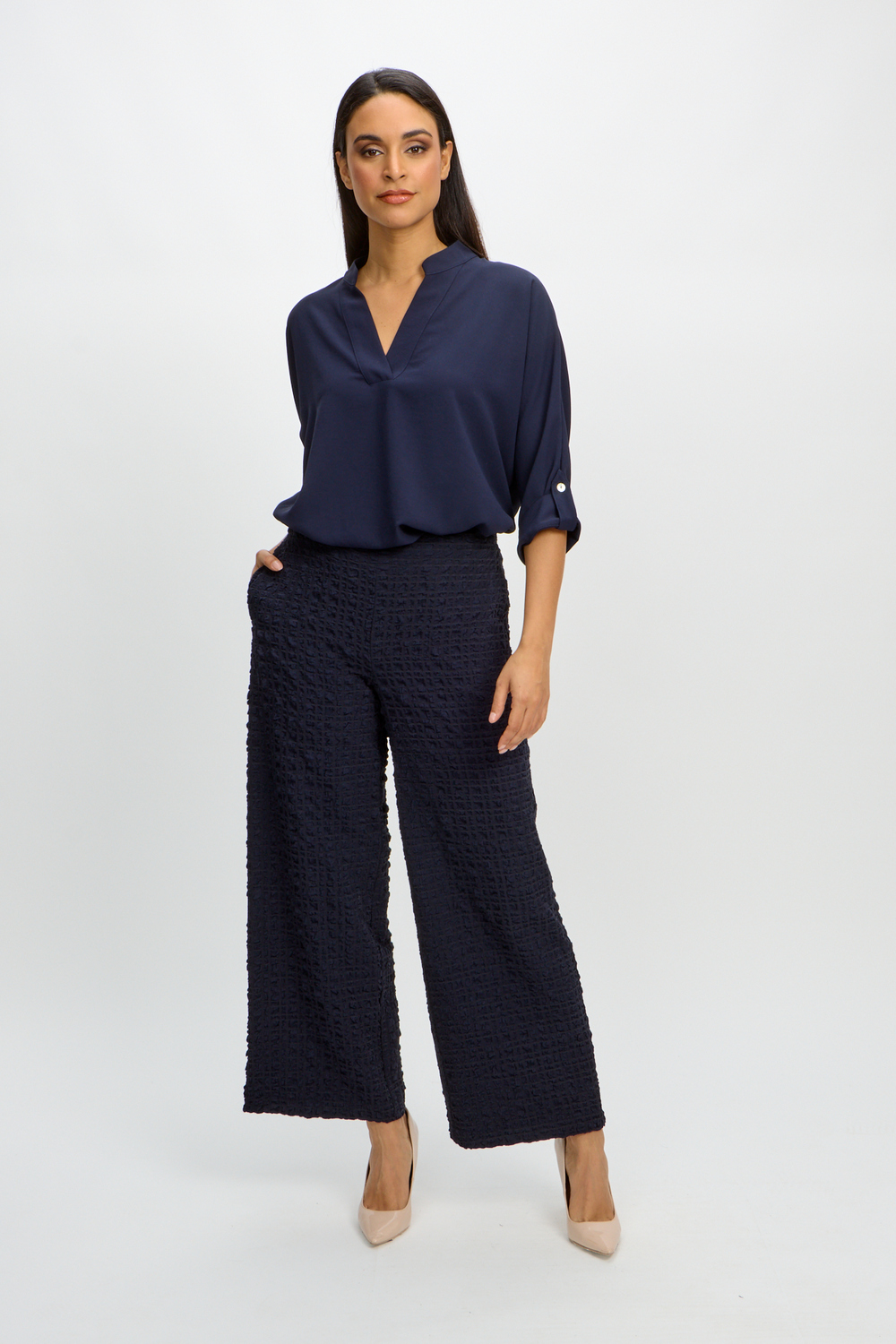Textured & Checkered Wide Leg Pants Style 241187. Midnight Blue