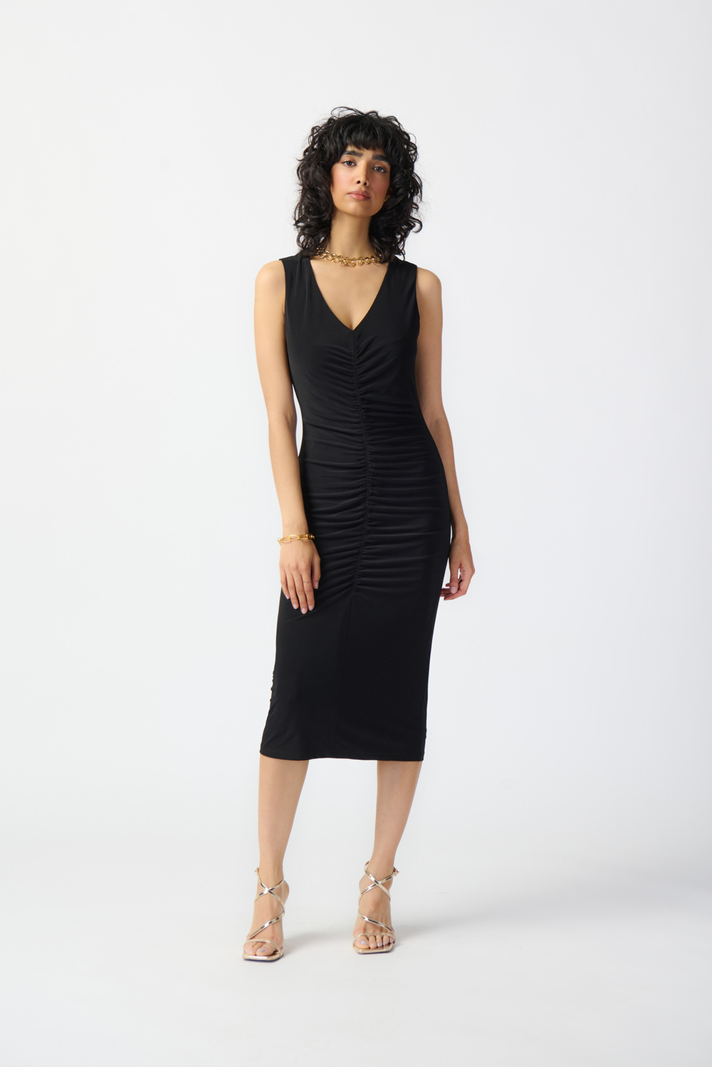 Pleated Front Midi Dress Style 241205. Black