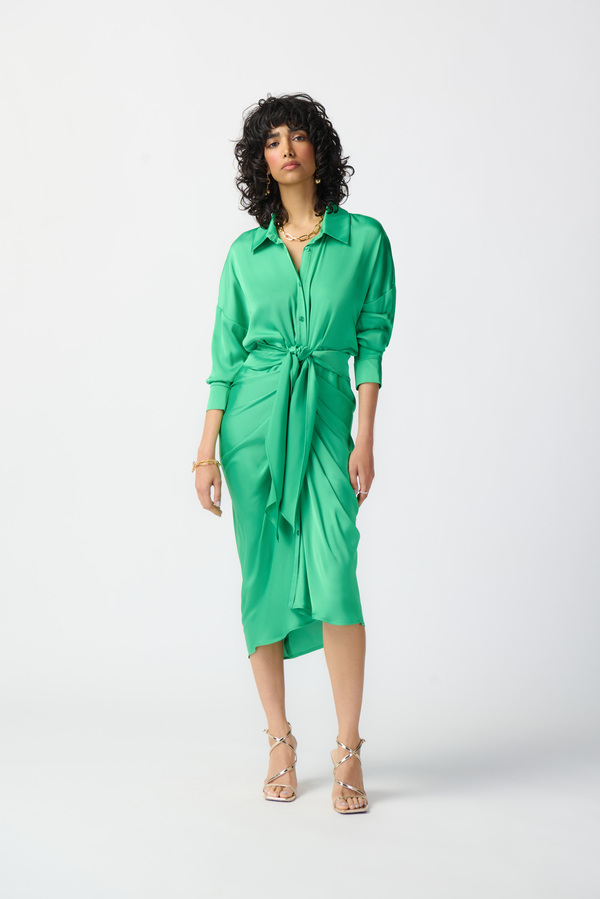Tie-Front Satin blouse dress Style 241236. Island Green