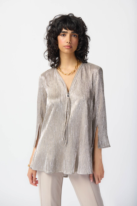 Shiny Texture Zip Front Tunic Style 241237. Champagne/gold. 3