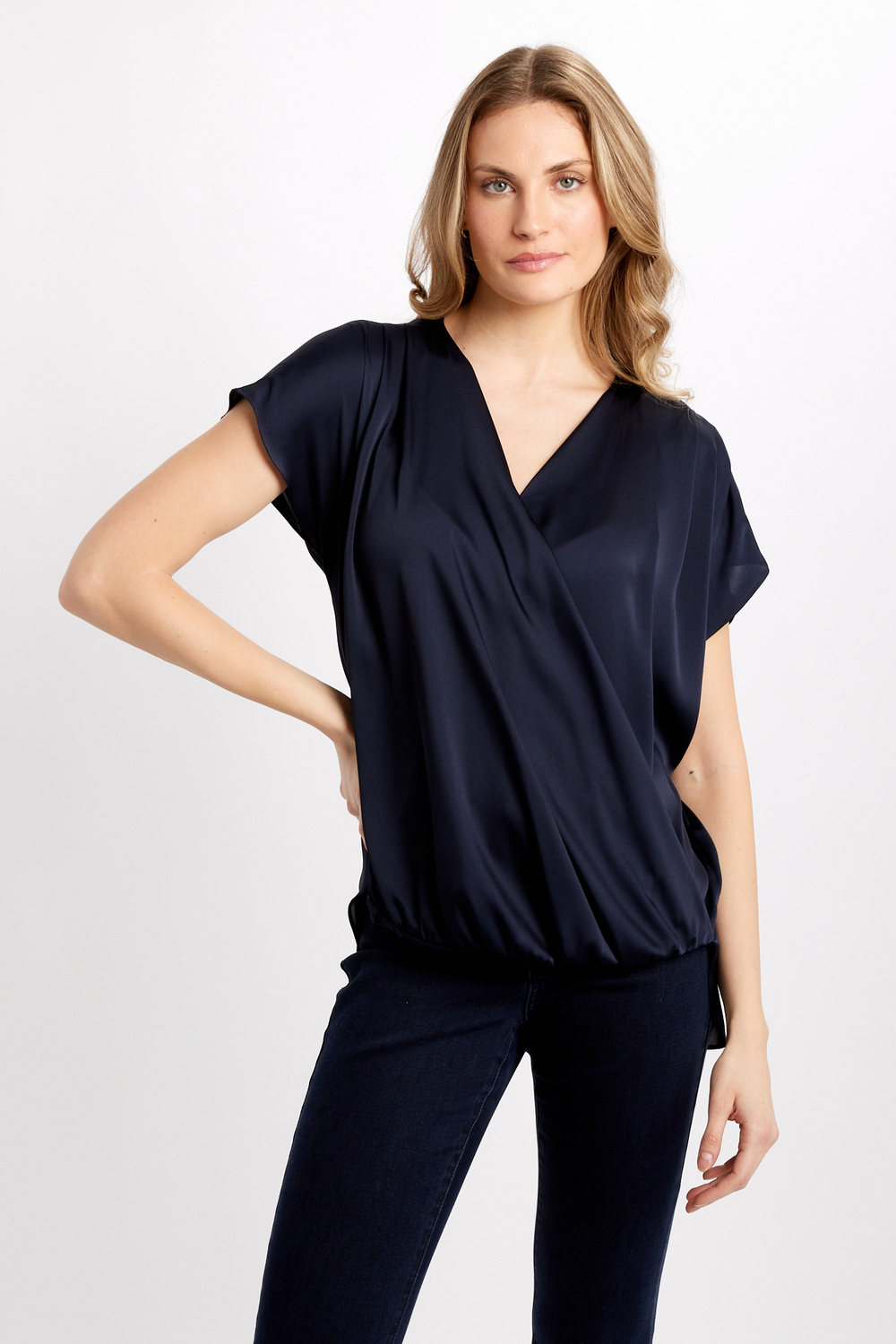 Wrap Front Satin Top Style 241278. Midnight Blue