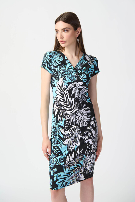 Leaf Print Wrap Front Dress Style 241287. Black/Multi