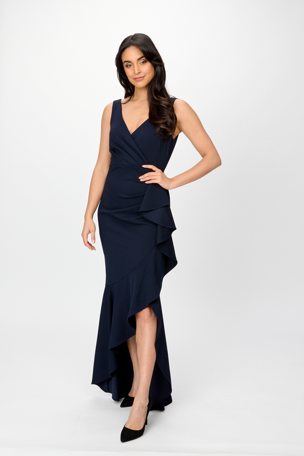 Ruffle Detail Slit Dress Style 241700. Midnight Blue