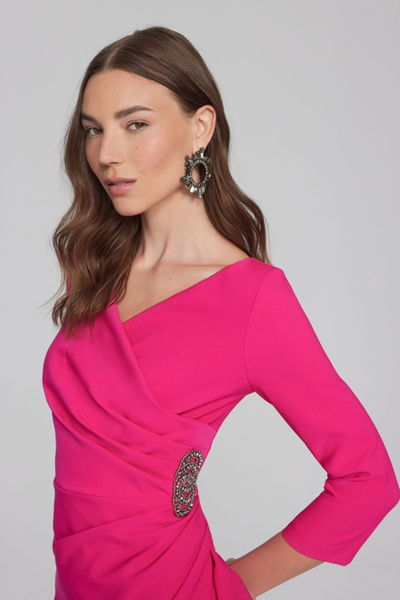 Brooch Detail Wrap Dress Style 241705. Shocking Pink. 3
