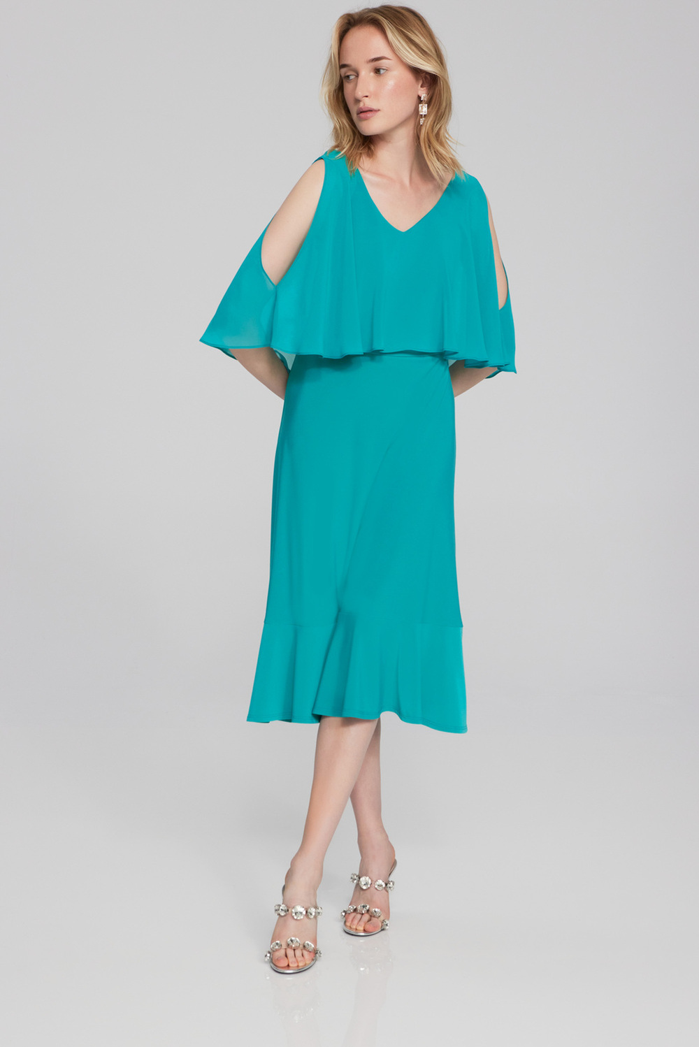 Dual Fabric Ruffled Dress Style 241706. Ocean Blue