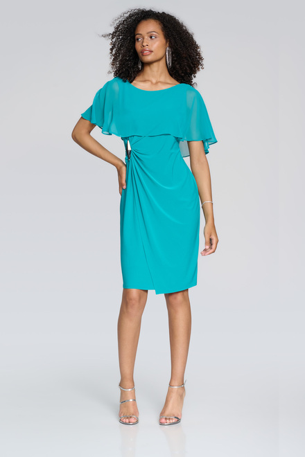 Embellished Trim Sheer Cape Dress Style 241708. Ocean blue