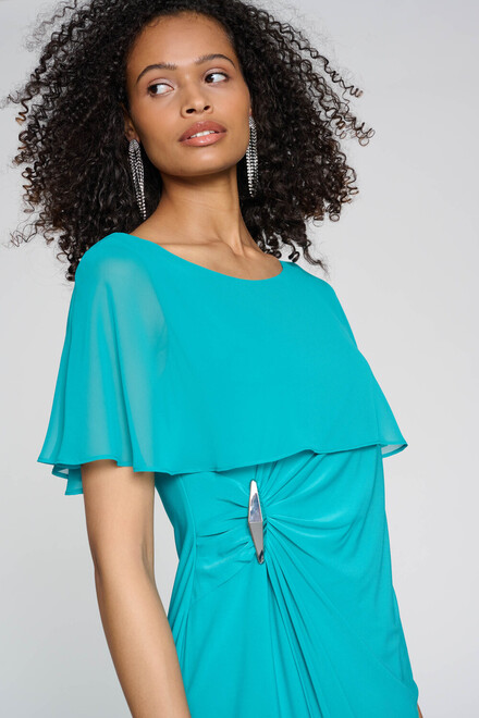 Embellished Trim Sheer Cape Dress Style 241708. Ocean Blue. 3