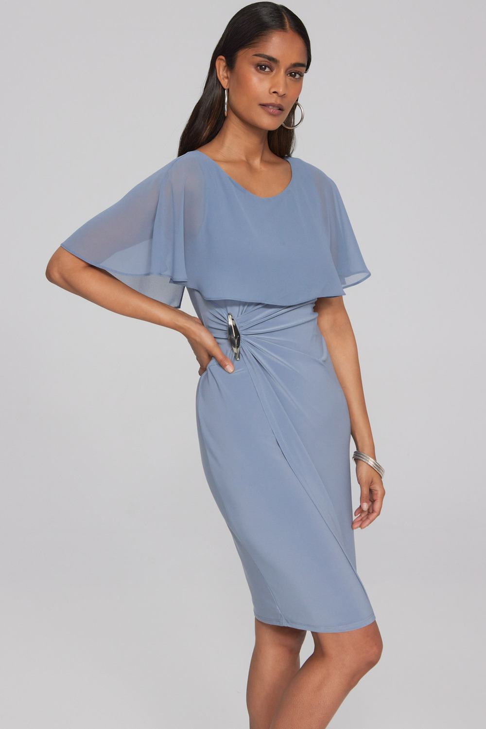 Embellished Trim Sheer Cape Dress Style 241708. Serenity Blue