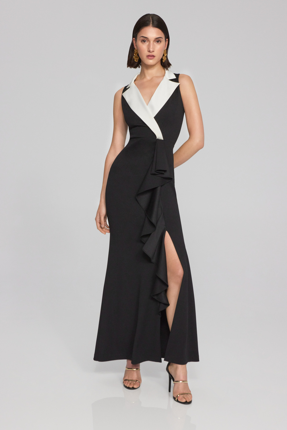 Ruffle Front Slit Dress Style 241712. Black/off White