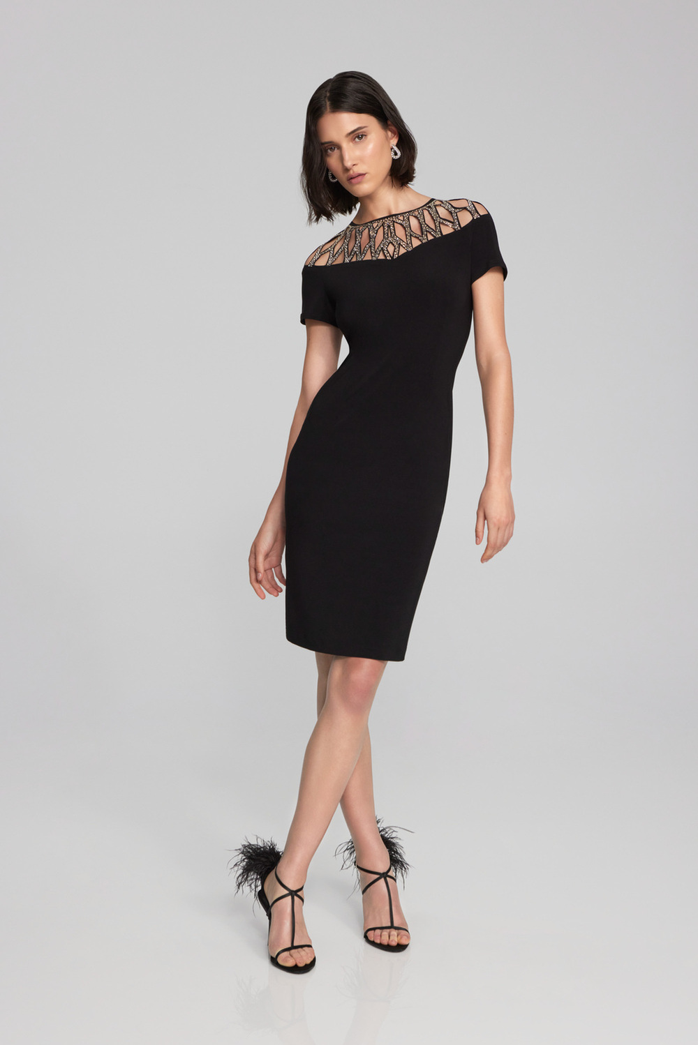Beaded Detail Neckline Dress Style 241716. Black