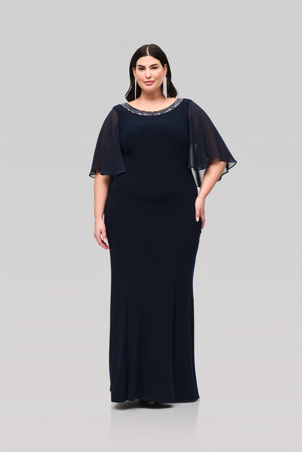 Rounded Neckline Sheer Sleeve Dress Style 241717. Midnight Blue. 6