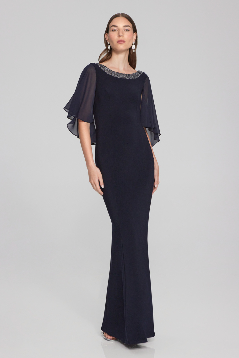 Rounded Neckline Sheer Sleeve Dress Style 241717. Midnight Blue