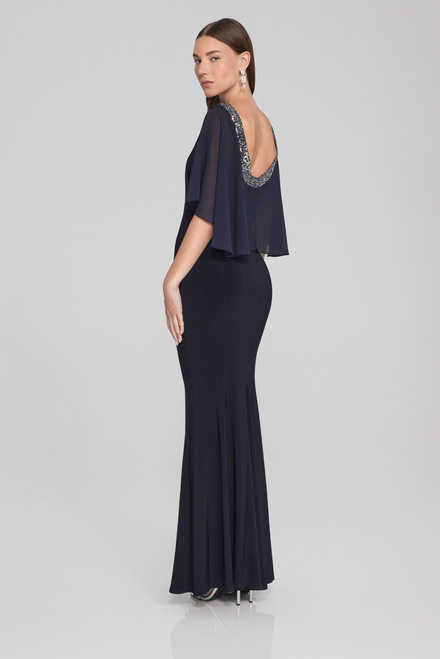Rounded Neckline Sheer Sleeve Dress Style 241717. Midnight Blue. 3