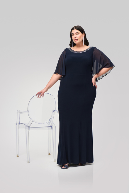 Rounded Neckline Sheer Sleeve Dress Style 241717. Midnight Blue. 10