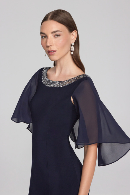 Rounded Neckline Sheer Sleeve Dress Style 241717. Midnight Blue. 4
