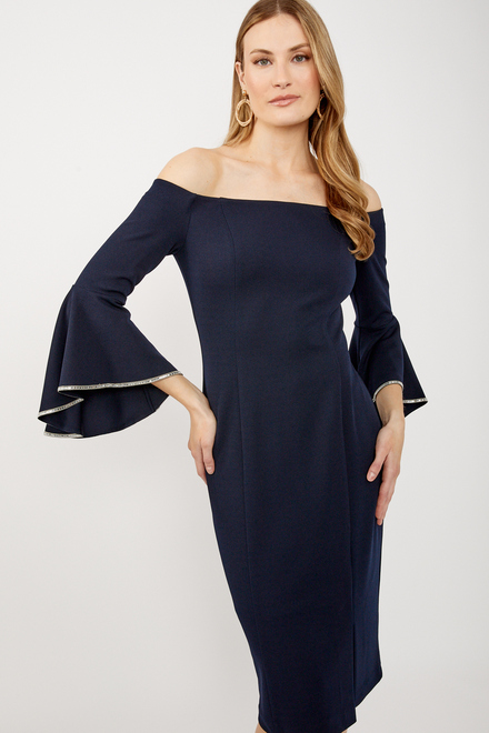 Off-Shoulder Embellished Sleeve Dress Style 241720. Midnight Blue