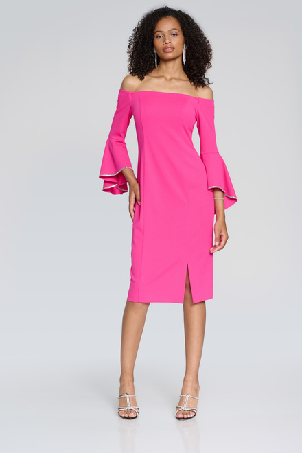 Robe fendue, manches brillantes modèle 241720. Shocking pink