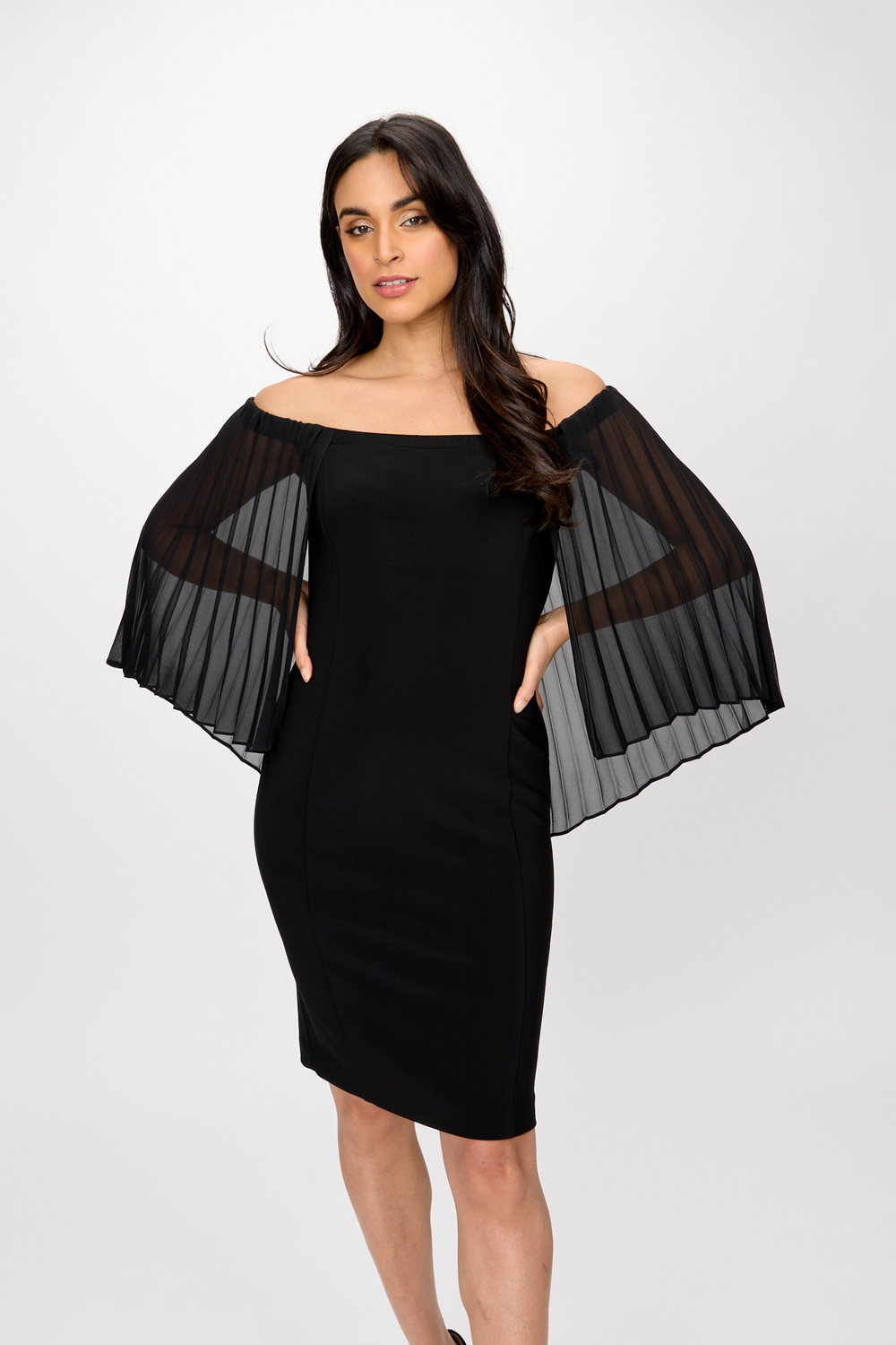Pleated Sleeves Off-Shoulder Dress Style 241781. Black