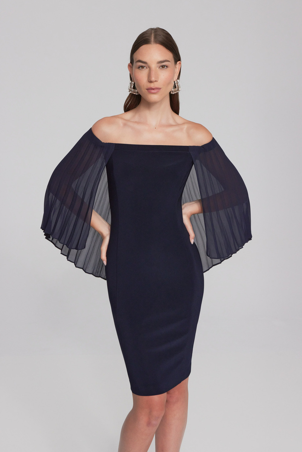Pleated Sleeves Off-Shoulder Dress Style 241781. Midnight Blue
