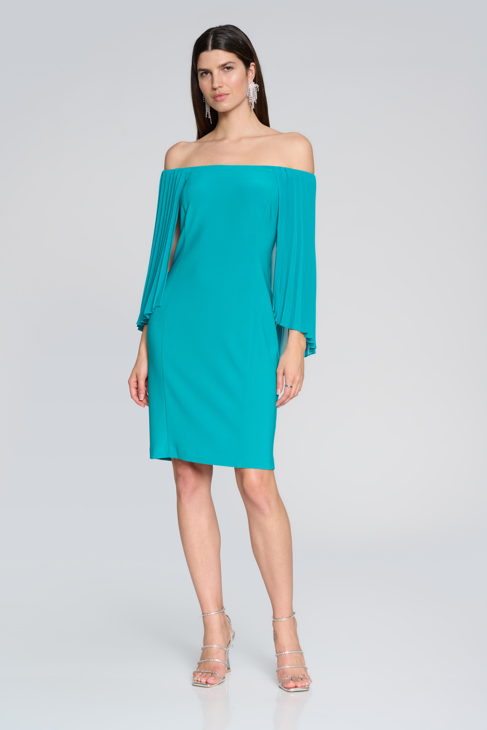 Pleated Sleeves Off-Shoulder Dress Style 241781. Ocean Blue