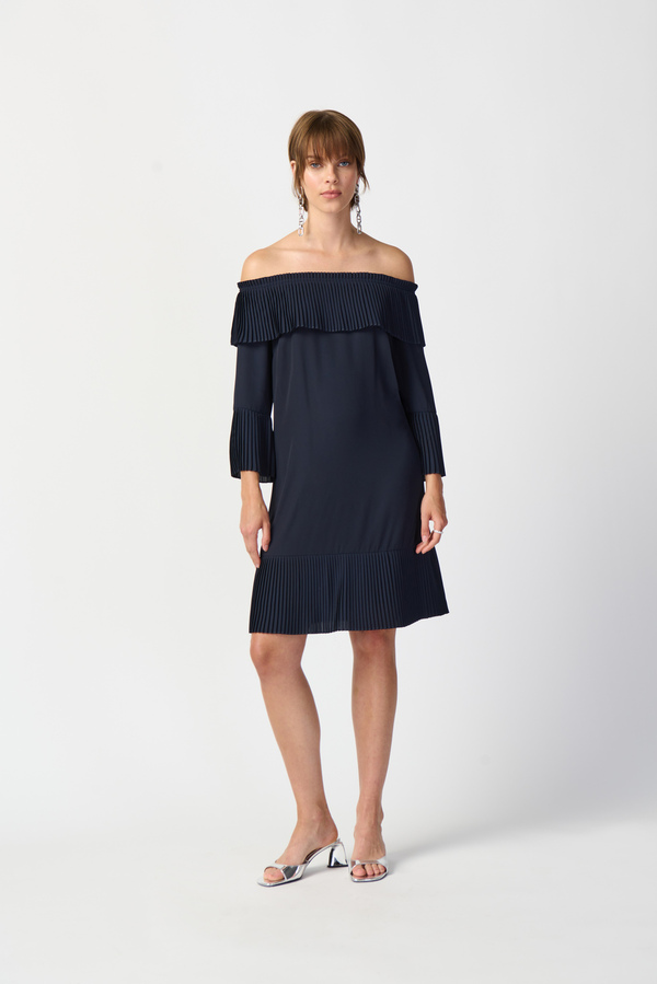 Off-Shoulder Pleated Dress Style 241907. Midnight Blue