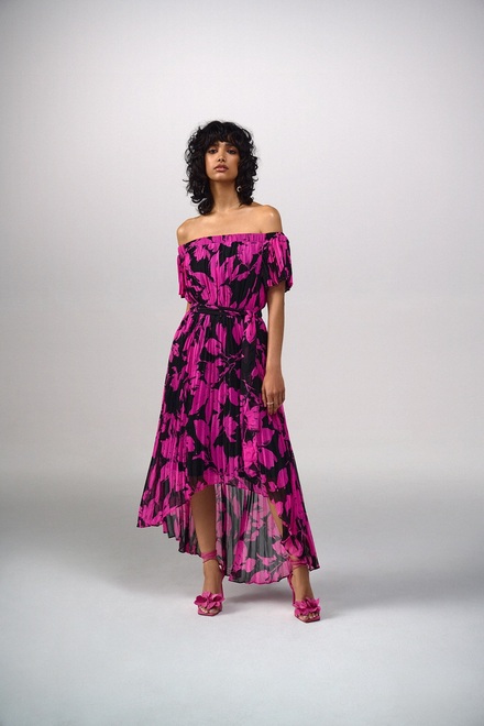 Off-Shoulder Floral &amp; Pleated Dress Style 241908. Black/pink. 2