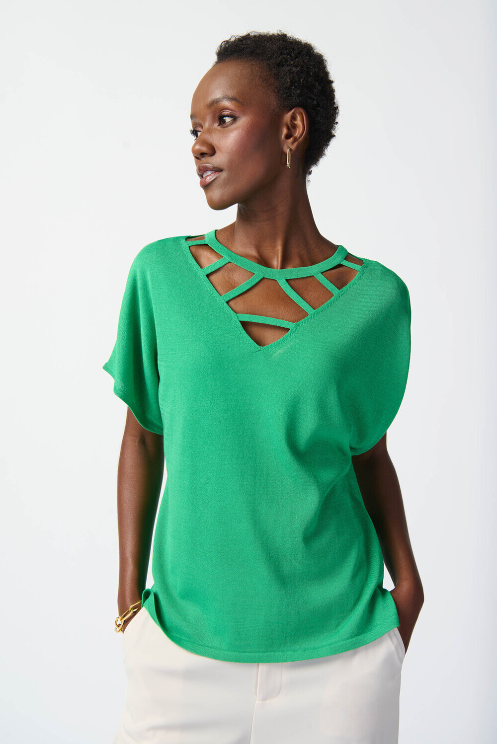 Knitted V-Neck Top Style 241915. Island Green